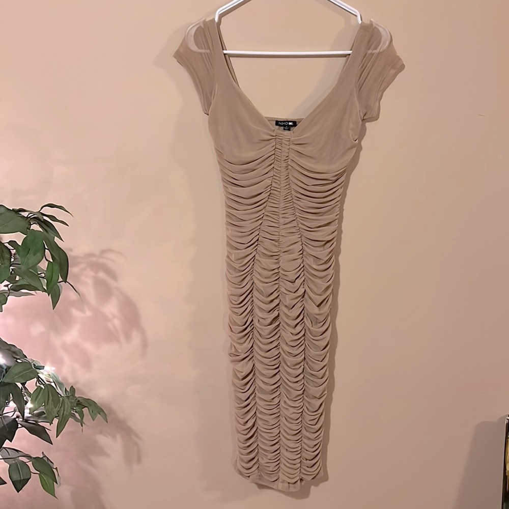 Beige Ruched midi dress
